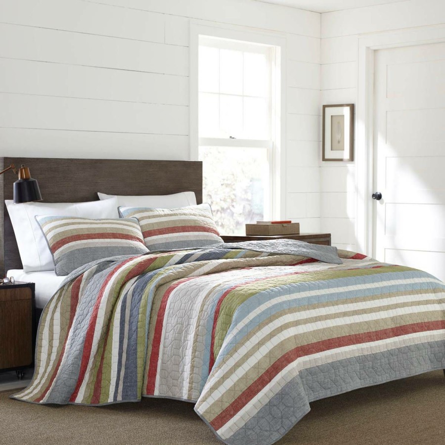 Bed * | Coupon Eddie-Bauer Bed Eddie Bauer Salmon Ladder Stripe 136 Thread Count Quilt Set Khaki/Multi