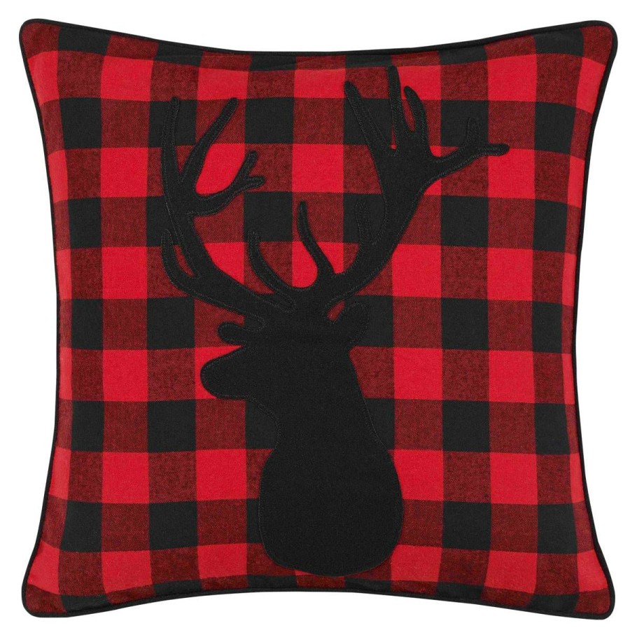 Bed * | Best Sale Eddie-Bauer Home Decor Eddie Bauer Cabin Plaid Stag Head Decorative Pillow 20 20 Dark-Red